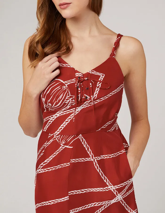 MARYLING Printed Dress Red White Rope Print Woven Belt Dress Mix 8211 Women MARYLING Printed Dress Red White Rope Print Woven Belt Dress Mix 8211 Women