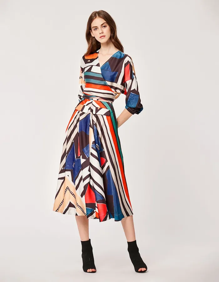 MARYLING Printed Dress Silk Ndebele Style Pattern V Neck ALine Midi Dress Forest Green 8211 Women MARYLING Printed Dress Silk Ndebele Style Pattern V Neck ALine Midi Dress Forest Green 8211 Women