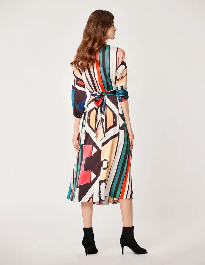 MARYLING Printed Dress Silk Ndebele Style Pattern V Neck ALine Midi Dress Forest Green 8211 Women MARYLING Printed Dress Silk Ndebele Style Pattern V Neck ALine Midi Dress Forest Green 8211 Women