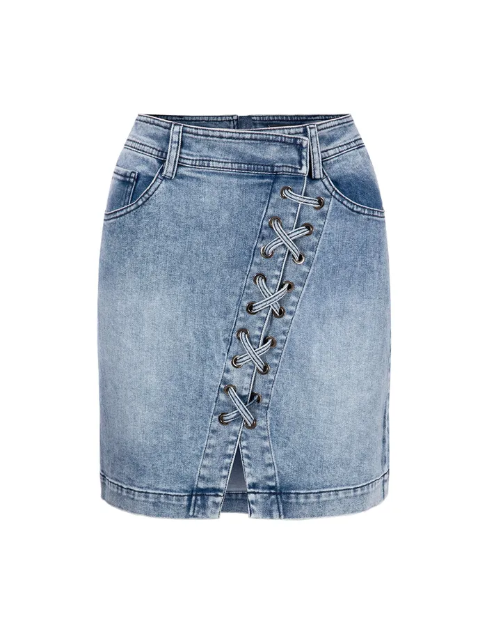 MARYLING Skirts Denim Blue Asymmetric LaceUp Denim Skirt Blue 8211 Women MARYLING Skirts Denim Blue Asymmetric LaceUp Denim Skirt Blue 8211 Women