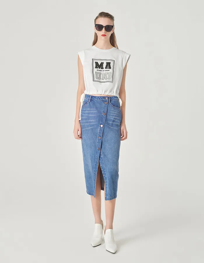 MARYLING Skirts Diagonal Placket Slit Denim Skirt Denim 8211 Women