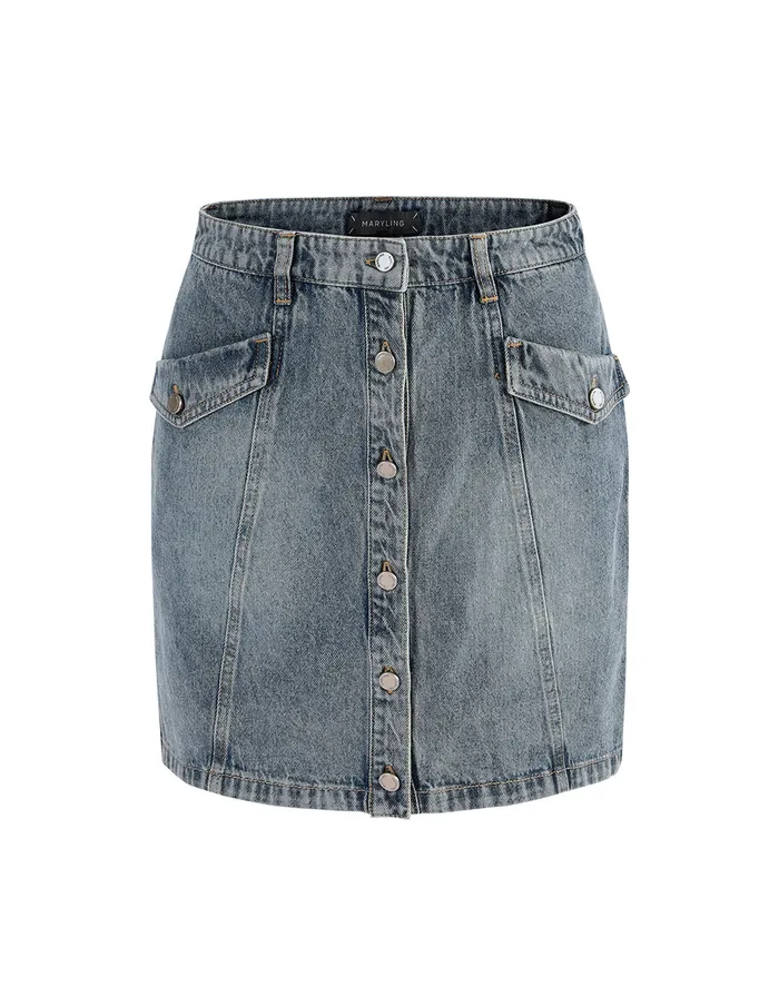 MARYLING Skirts Metal Buttons Front Jeans Skirt Blue 8211 Women