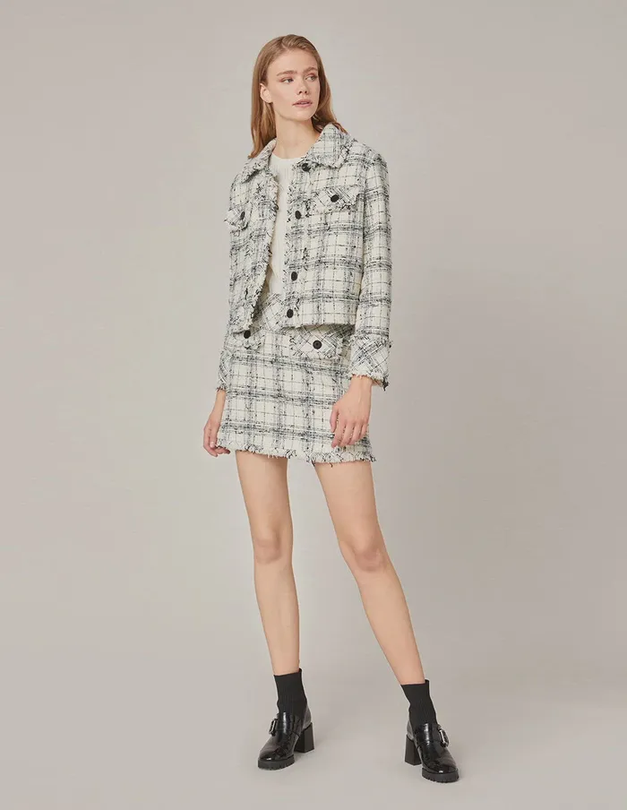 MARYLING Skirts PLAID TWEED FRINGE HEM MINI SKIRT White 8211 Women