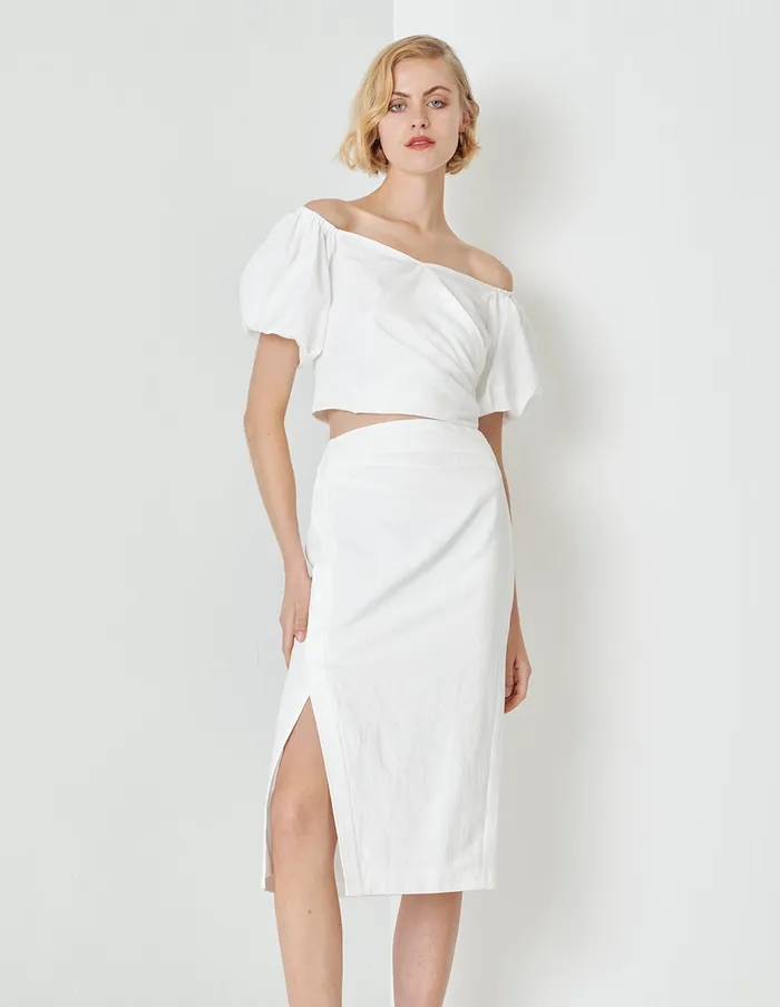 MARYLING TShirt White Puff Neck Pleated Pleated Top White 8211 Women MARYLING TShirt White Puff Neck Pleated Pleated Top White 8211 Women