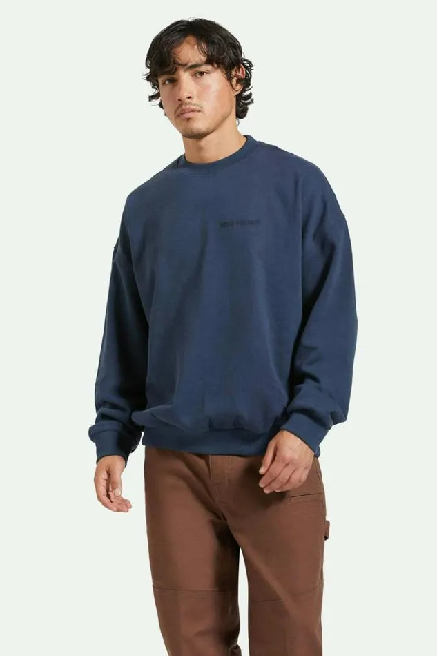 Men Embroidered Heavyweight Oversized Crew Washed Navy Brixton Sweatshirts and Hoodies