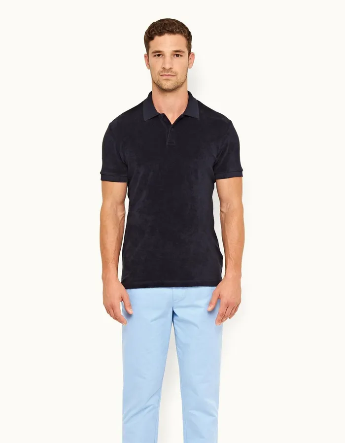 Men Orlebar Brown Polo Shirts Dr No Towelling Polo Midnight Navy