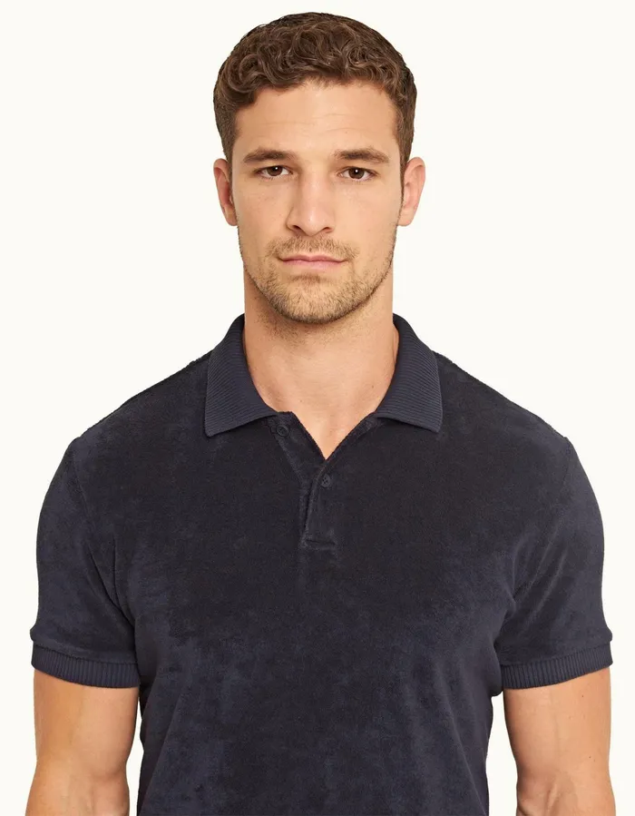 Men Orlebar Brown Polo Shirts Dr No Towelling Polo Midnight Navy