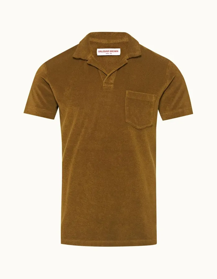 Men Orlebar Brown Polo Shirts Terry Towelling Golden Khaki