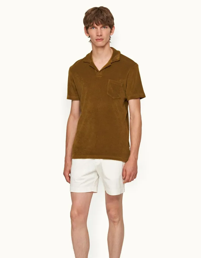Men Orlebar Brown Polo Shirts Terry Towelling Golden Khaki