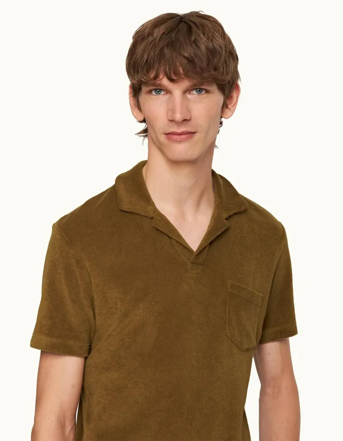 Men Orlebar Brown Polo Shirts Terry Towelling Golden Khaki