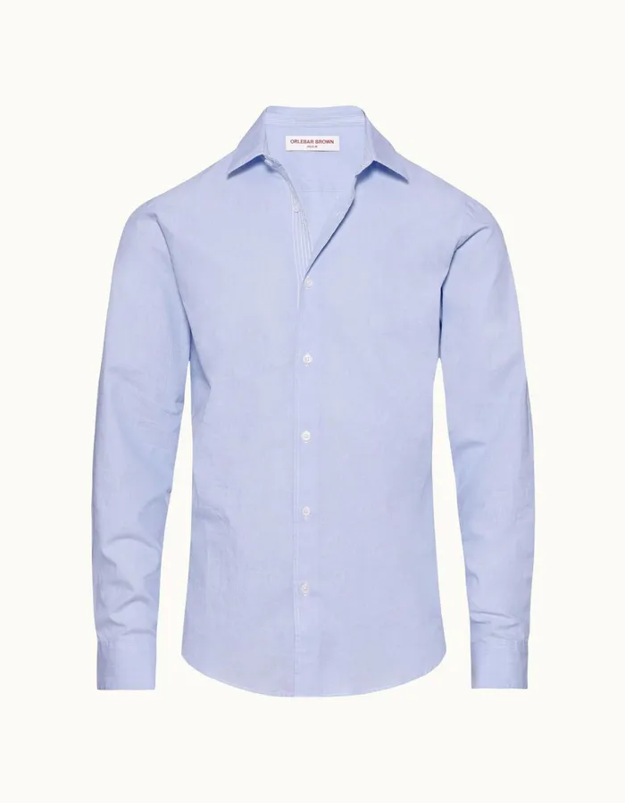 Men Orlebar Brown Shirts Giles Chainstitch Ice Bluewhite