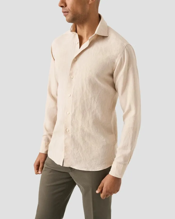 Men Solid Plain Weave Linen Shirt Brown Eton Casual Shirts