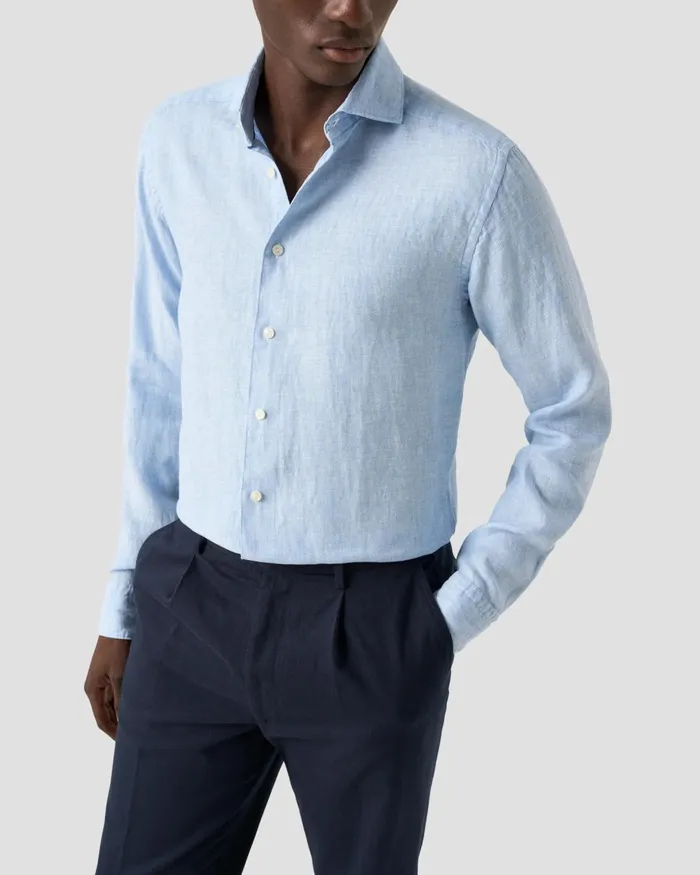 Men Solid Twill Linen Shirt Blue Eton Casual Shirts