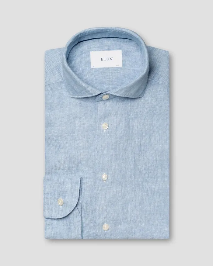 Men Solid Twill Linen Shirt Blue Eton Casual Shirts Men Solid Twill Linen Shirt Blue Eton Casual Shirts