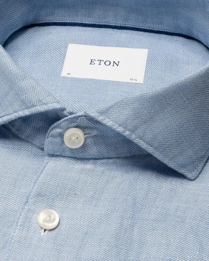 Men Solid Twill Linen Shirt Blue Eton Casual Shirts Men Solid Twill Linen Shirt Blue Eton Casual Shirts