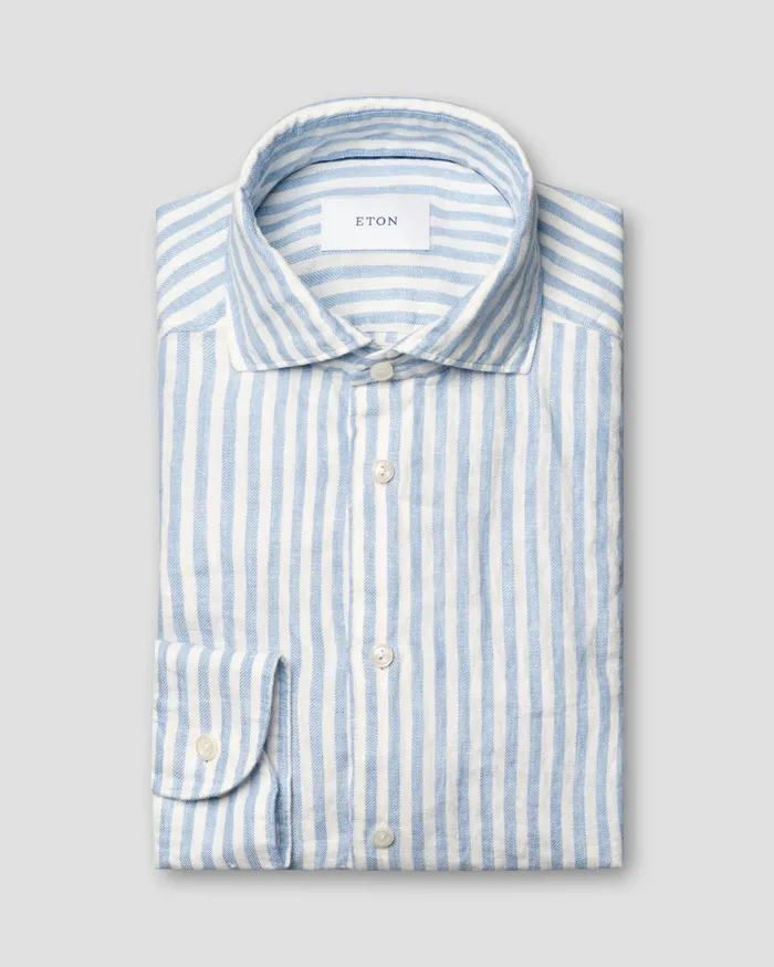 Men Striped Linen Twill Shirt Blue Eton Casual Shirts