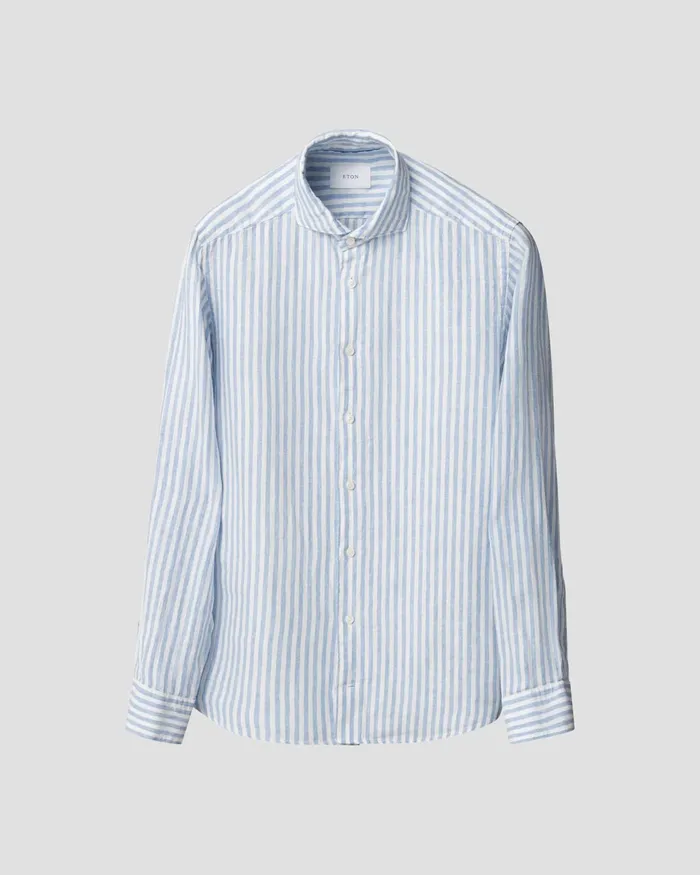 Men Striped Linen Twill Shirt Blue Eton Casual Shirts Men Striped Linen Twill Shirt Blue Eton Casual Shirts