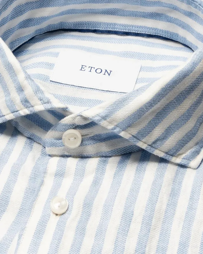 Men Striped Linen Twill Shirt Blue Eton Casual Shirts Men Striped Linen Twill Shirt Blue Eton Casual Shirts