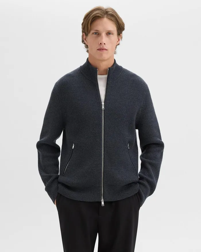 Men Theory Sweaters Cardigans Ribbed ZipUp Cardigan In Merino Wool Dark Grey Heather