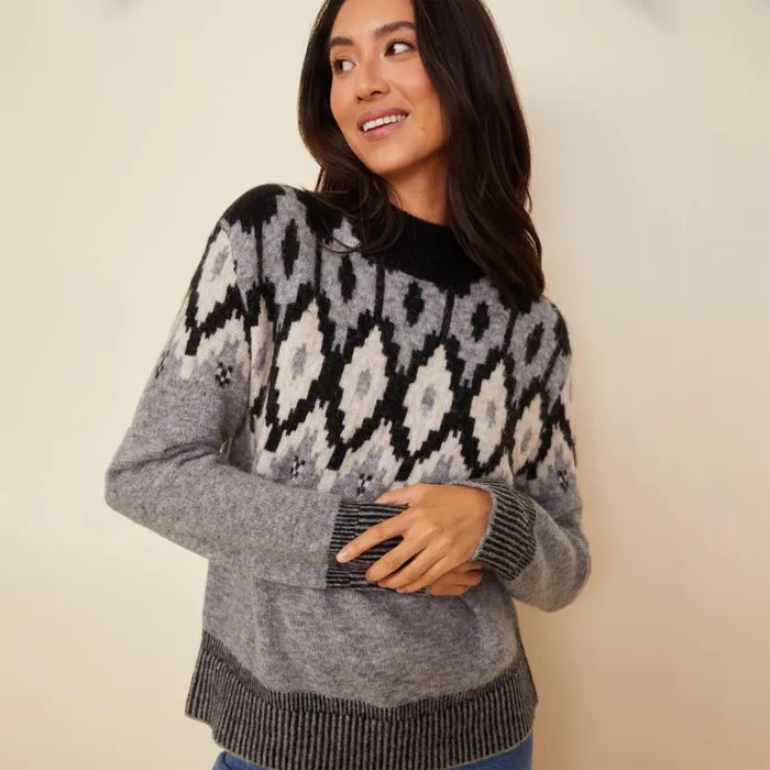 MONROW KNITS Mock Neck Fair Isle Sweater Heather Grey 8211 Shop