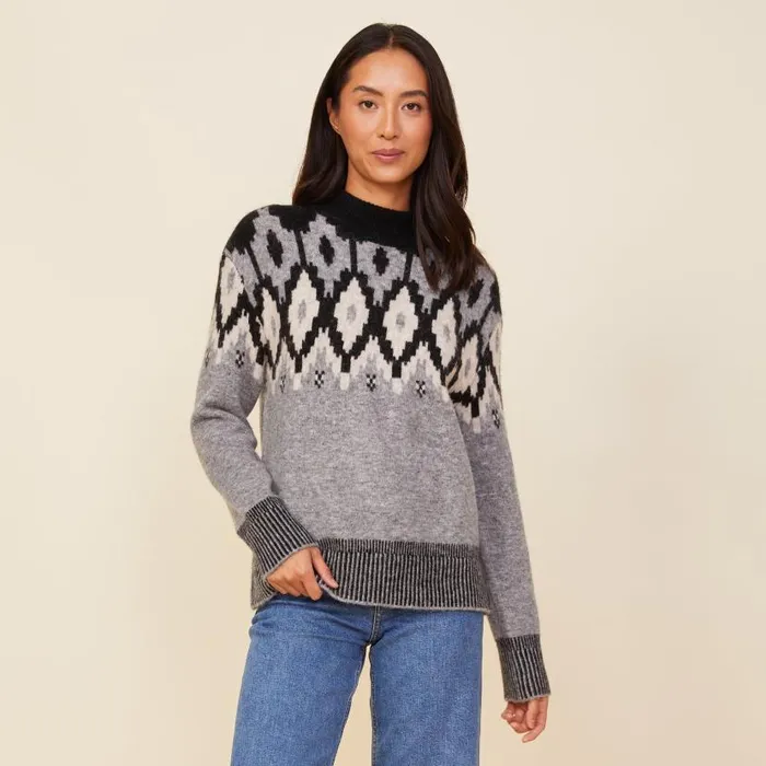 MONROW KNITS Mock Neck Fair Isle Sweater Heather Grey 8211 Shop