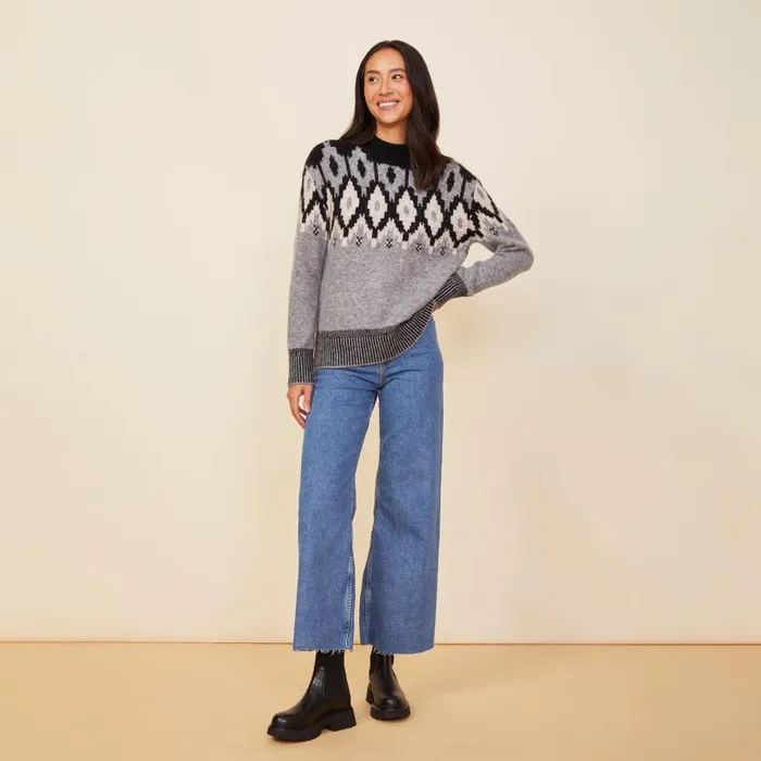 MONROW KNITS Mock Neck Fair Isle Sweater Heather Grey 8211 Shop