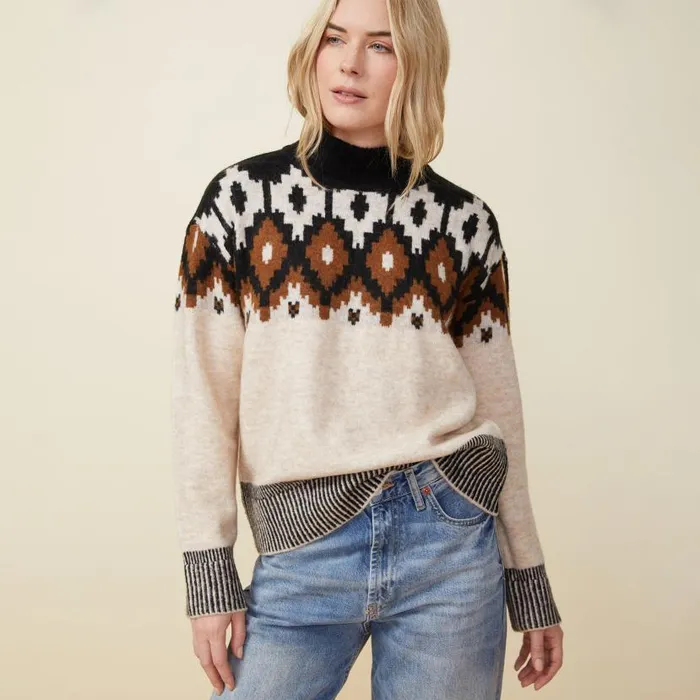 MONROW KNITS Mock Neck Fair Isle Sweater Off White 8211 Shop