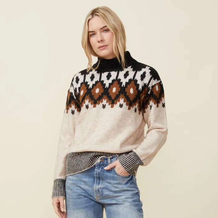 MONROW KNITS Mock Neck Fair Isle Sweater Off White 8211 Shop