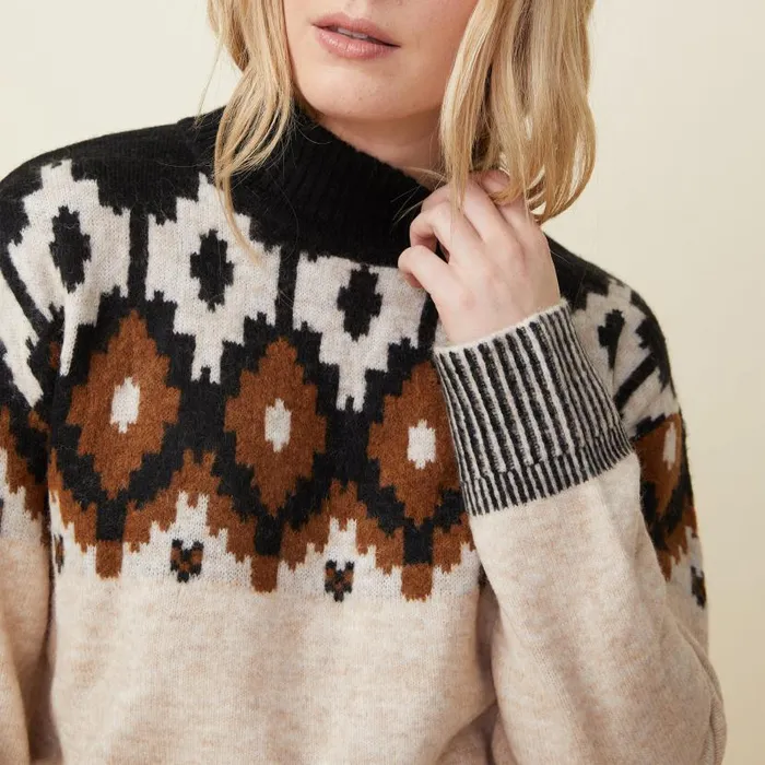 MONROW KNITS Mock Neck Fair Isle Sweater Off White 8211 Shop