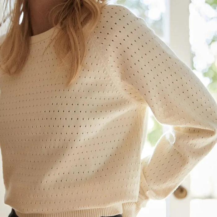 MONROW KNITS Soft Knit Pointelle Raglan Sweater Ivory 8211 Shop
