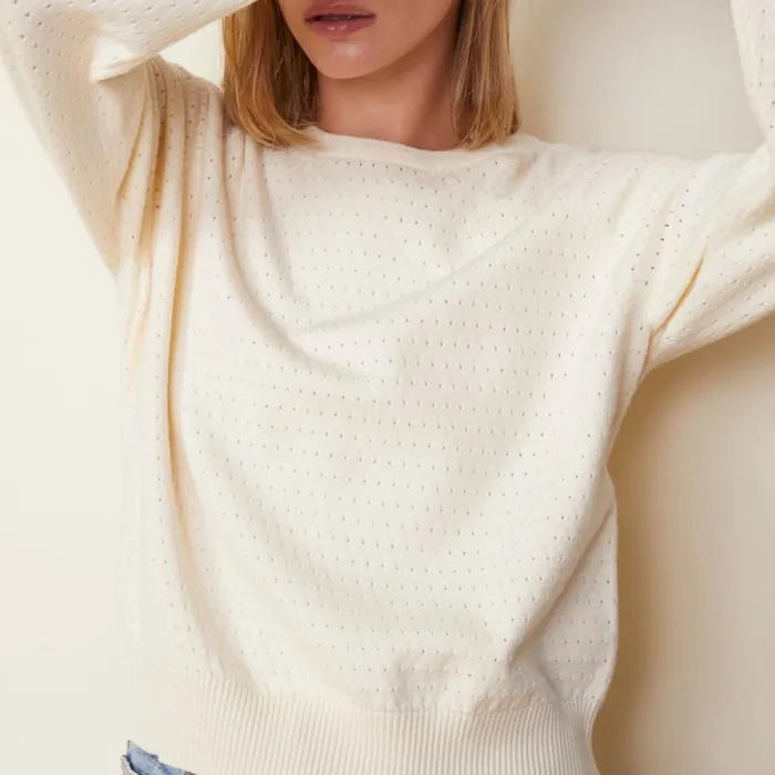 MONROW KNITS Soft Knit Pointelle Raglan Sweater Ivory 8211 Shop