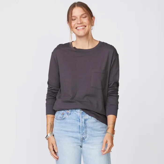 MONROW LONG SLEEVE Long Sleeve ExBoyfriend Pocket Crew Faded Black 8211 Shop