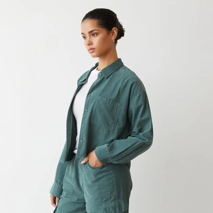 MONROW LONG SLEEVE Mini Corduroy Cropped Shirt Cactus 8211 Shop