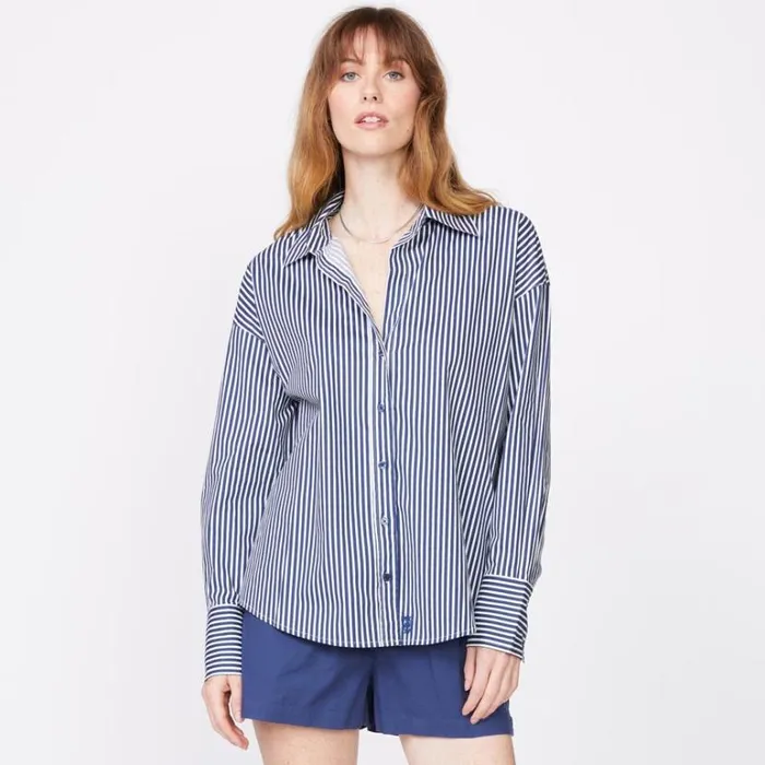 MONROW LONG SLEEVE Stretch Poplin Stripe Shirt French Navy 8211 Shop