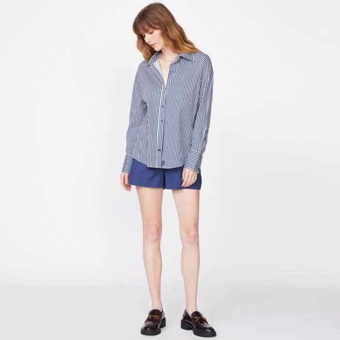 MONROW LONG SLEEVE Stretch Poplin Stripe Shirt French Navy 8211 Shop