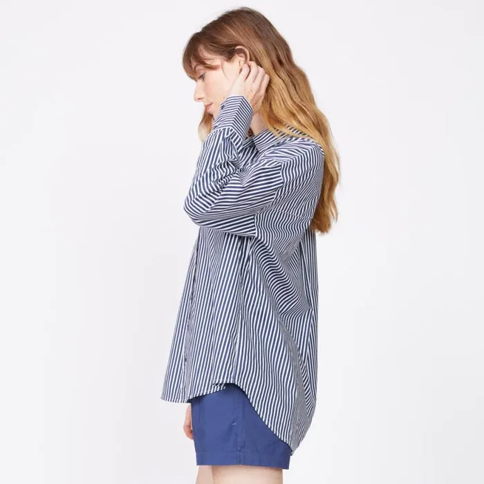 MONROW LONG SLEEVE Stretch Poplin Stripe Shirt French Navy 8211 Shop