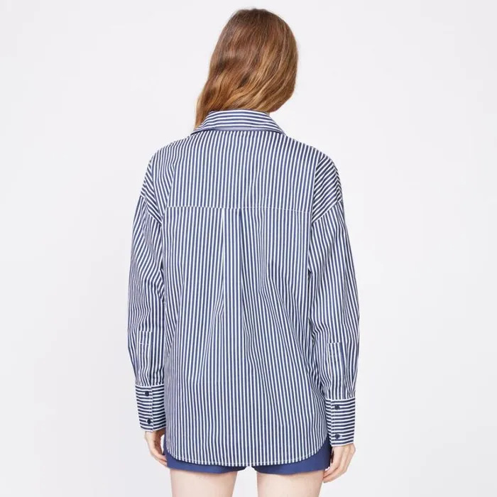 MONROW LONG SLEEVE Stretch Poplin Stripe Shirt French Navy 8211 Shop