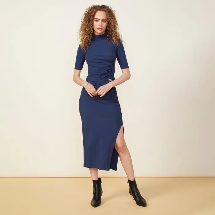 MONROW SKIRTS Rib Shirred Skirt Dark Denim 8211 Shop