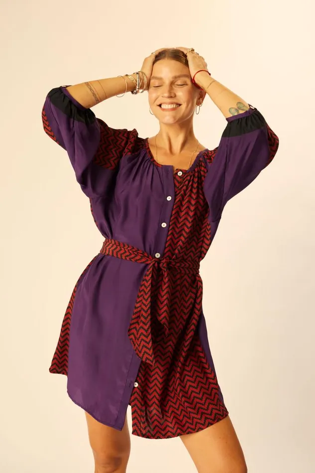 Natalie Martin ALEX SHORT DRESS Block Zigzag Aubergine Shop Dresses