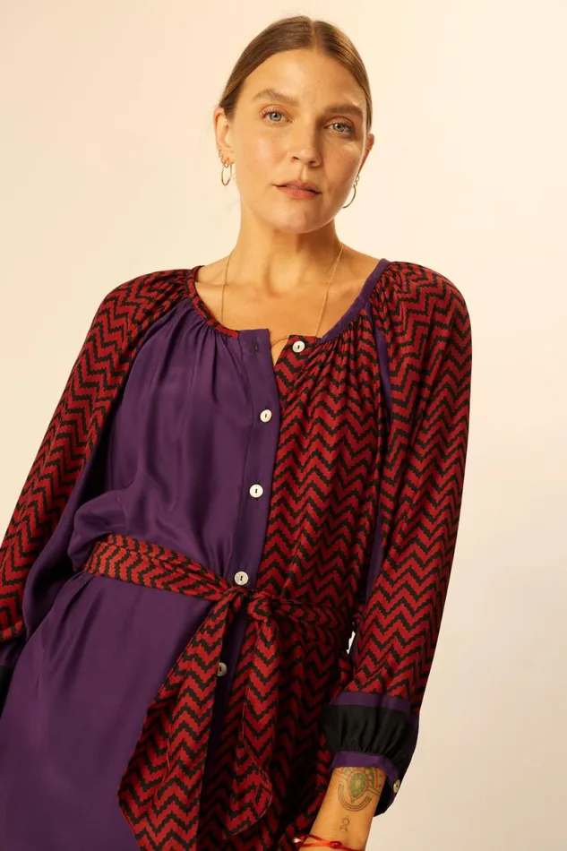 Natalie Martin ALEX SHORT DRESS Block Zigzag Aubergine Shop Dresses