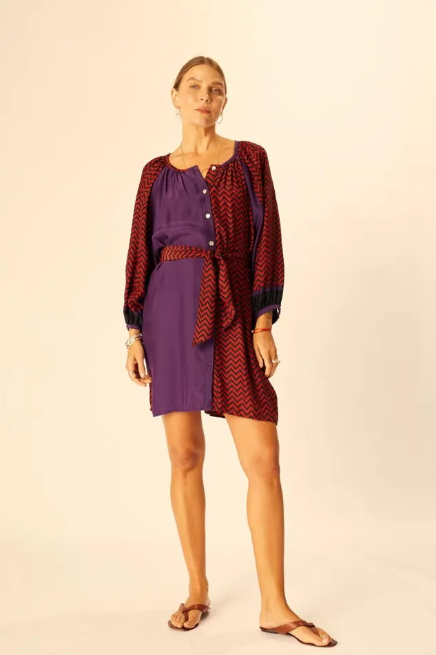 Natalie Martin ALEX SHORT DRESS Block Zigzag Aubergine Shop Dresses