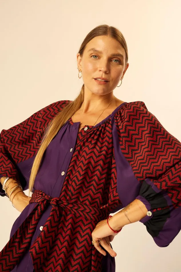 Natalie Martin ALEX SHORT DRESS Block Zigzag Aubergine Shop Dresses