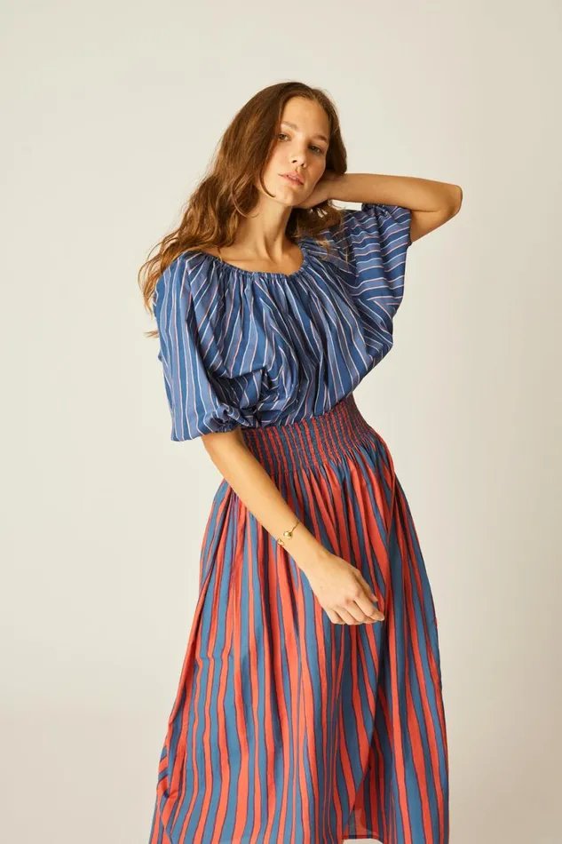 Natalie Martin ELLA TOP Batik Stripe Navy Shop Tops