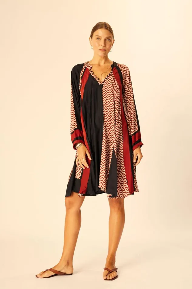 Natalie Martin FIORE SHORT DRESS Block Zigzag Aubergine Shop Dresses