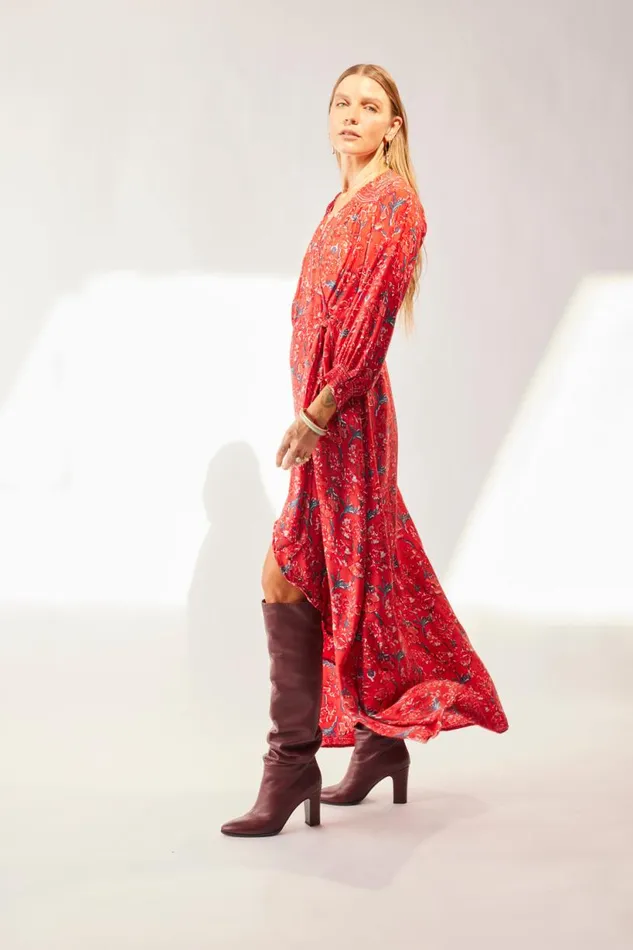 Natalie Martin KATE LONG SLEEVE MAXI Silk Watercolor Vermillion Shop Dresses