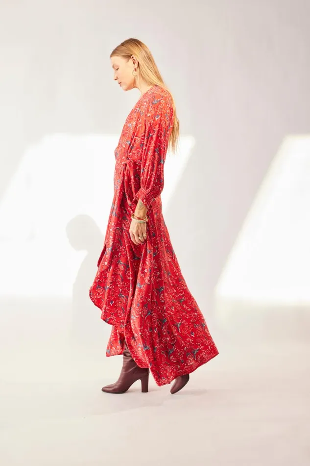 Natalie Martin KATE LONG SLEEVE MAXI Silk Watercolor Vermillion Shop Dresses