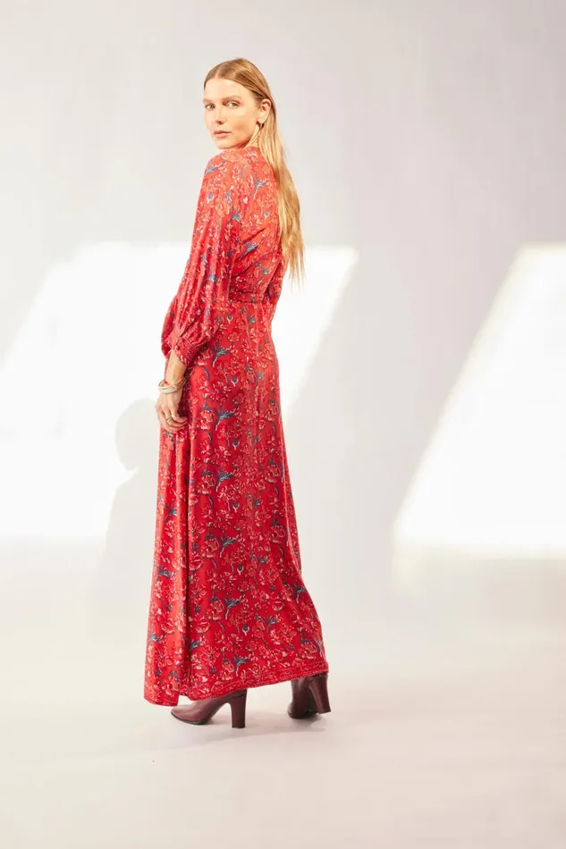 Natalie Martin KATE LONG SLEEVE MAXI Silk Watercolor Vermillion Shop Dresses