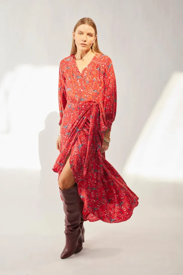Natalie Martin KATE LONG SLEEVE MAXI Silk Watercolor Vermillion Shop Dresses