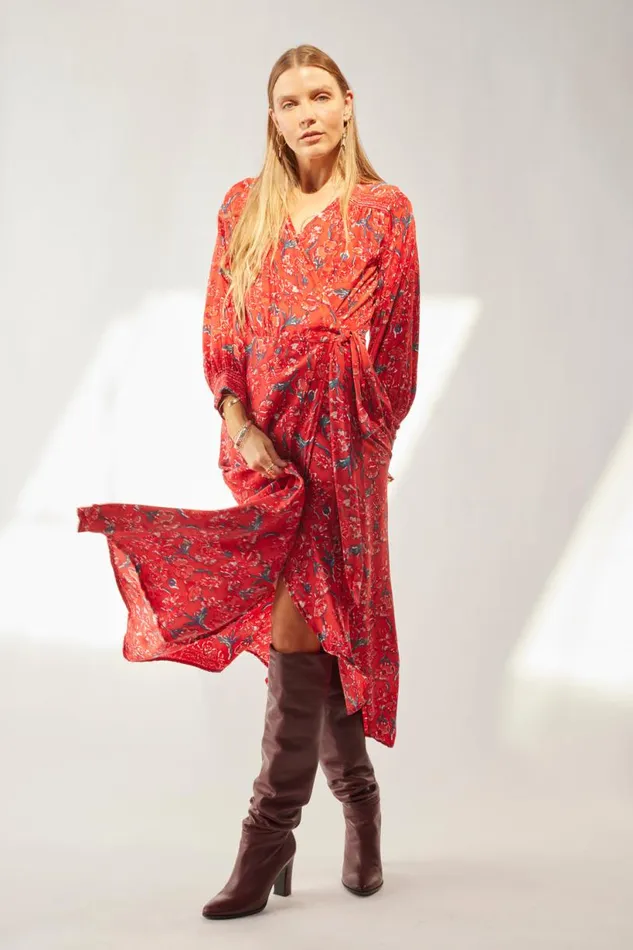 Natalie Martin KATE LONG SLEEVE MAXI Silk Watercolor Vermillion Shop Dresses