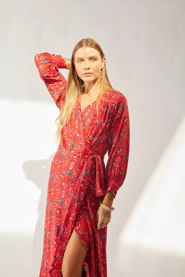 Natalie Martin KATE LONG SLEEVE MAXI Silk Watercolor Vermillion Shop Dresses
